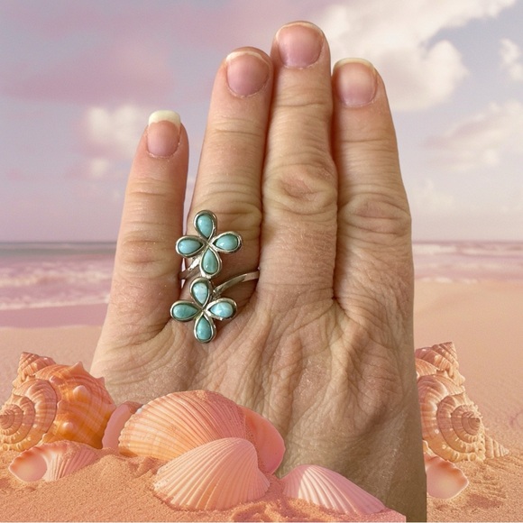Sterling Silver Genuine Larimar Floral Ring, Size 6. - Picture 16 of 16